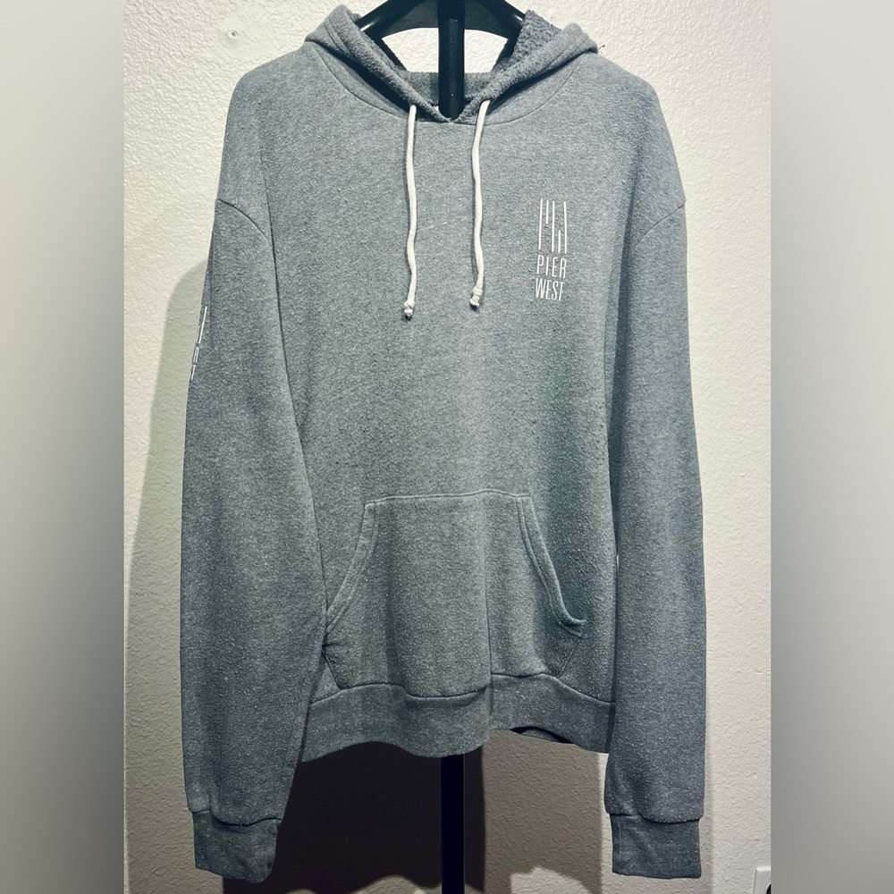 Gray Sweatshirt / Hoodie with “Pier West” Logo & Back Graphic - Size L (Men’s)
